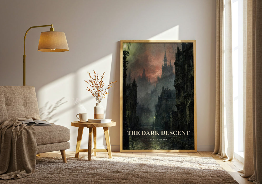 The Dark Descent watercolour print in frame leaning in hallway – horror wall art