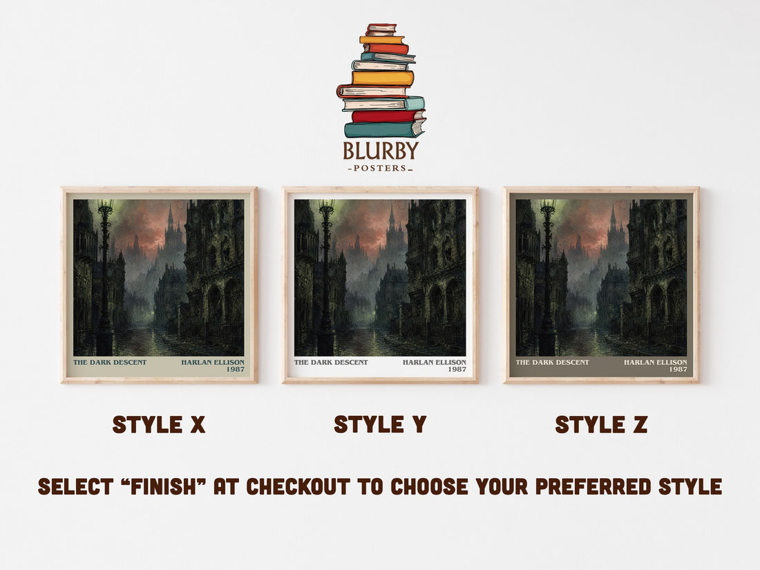 The Dark Descent literary print in frame leaning in hallway – horror wall art (mockup)