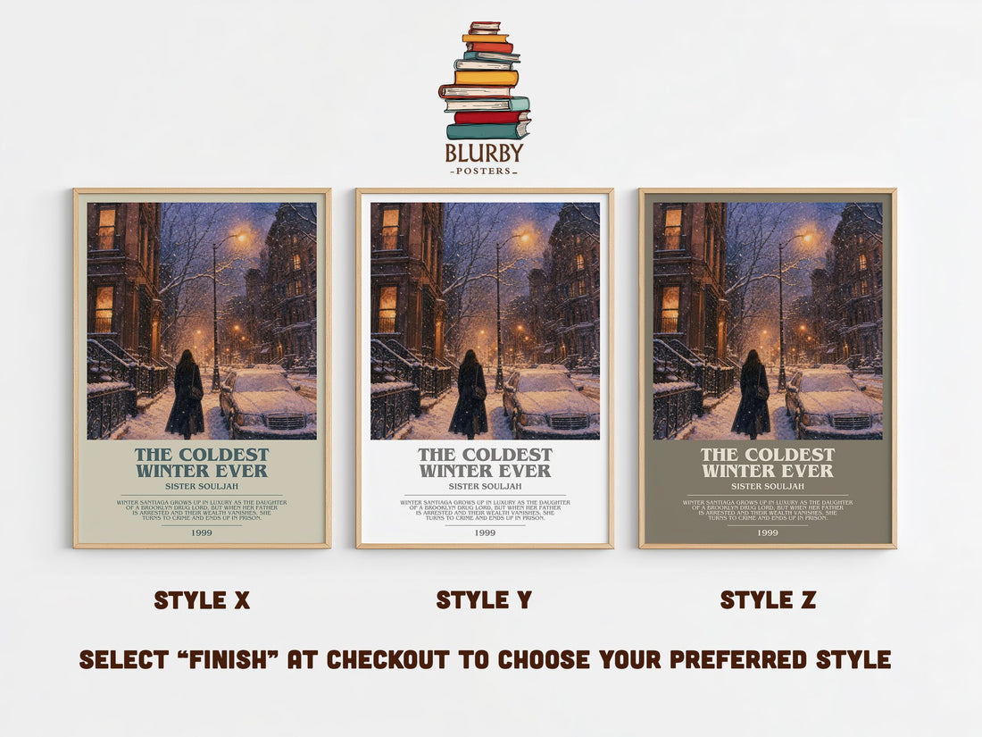 The coldest winter ever bookish print in frame leaning in hallway – contemporary fiction wall art (mockup)