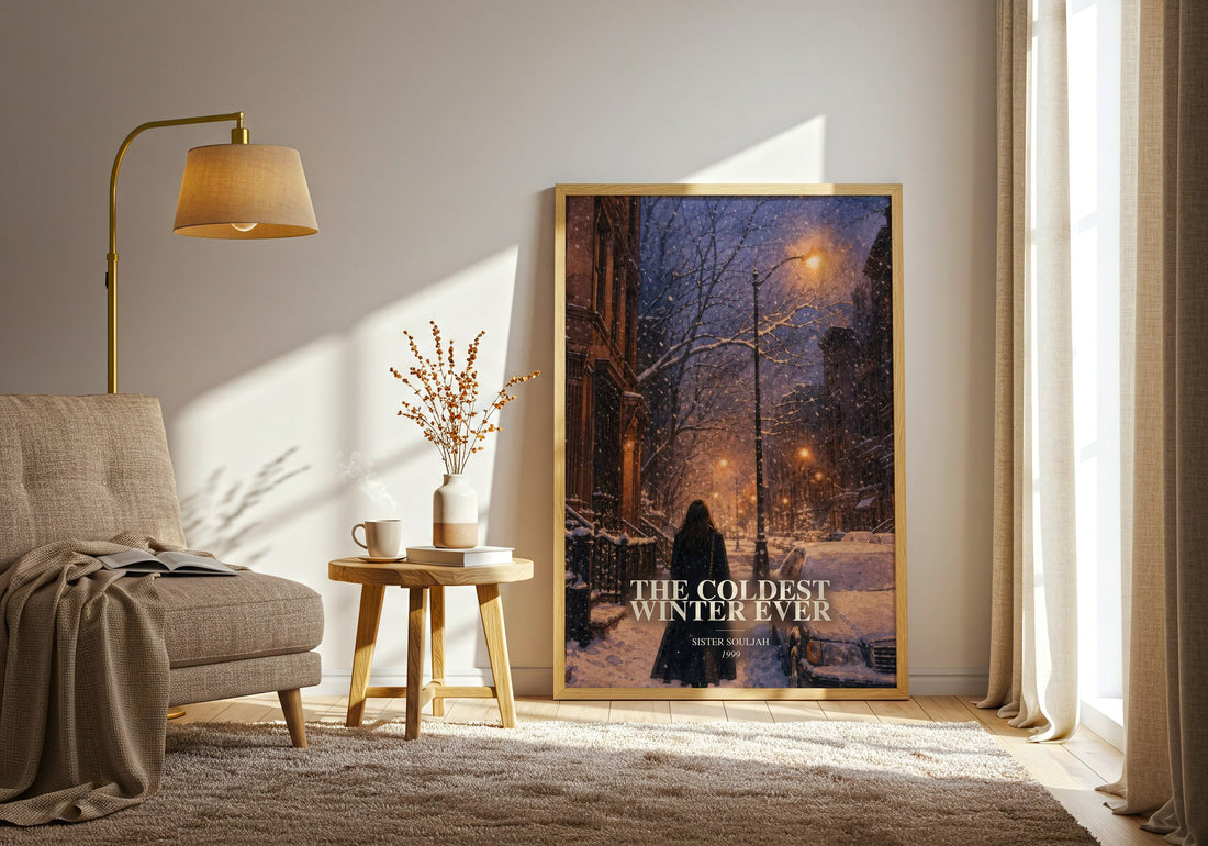 The coldest winter ever watercolour print in frame leaning in hallway – contemporary fiction wall art