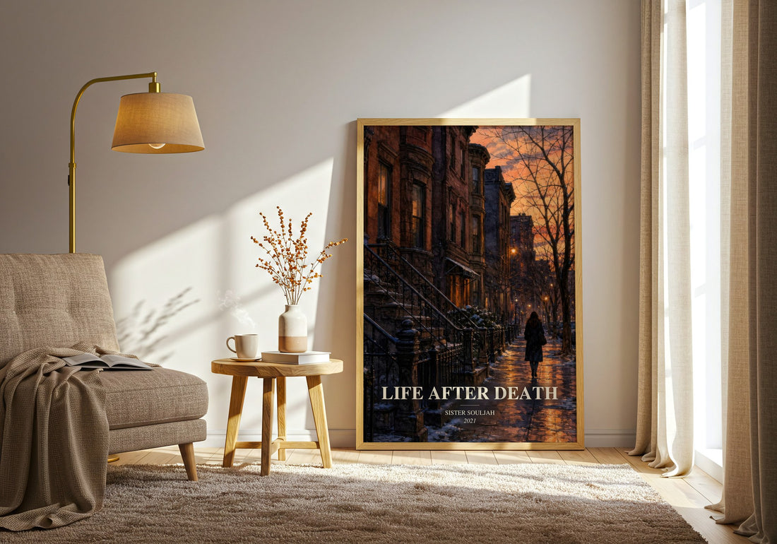 Life After Death watercolour print in frame leaning in hallway – contemporary fiction wall art