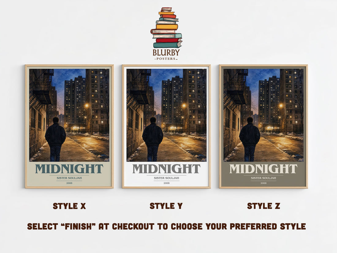 Midnight book cover print in frame leaning in hallway – contemporary fiction wall art (mockup)
