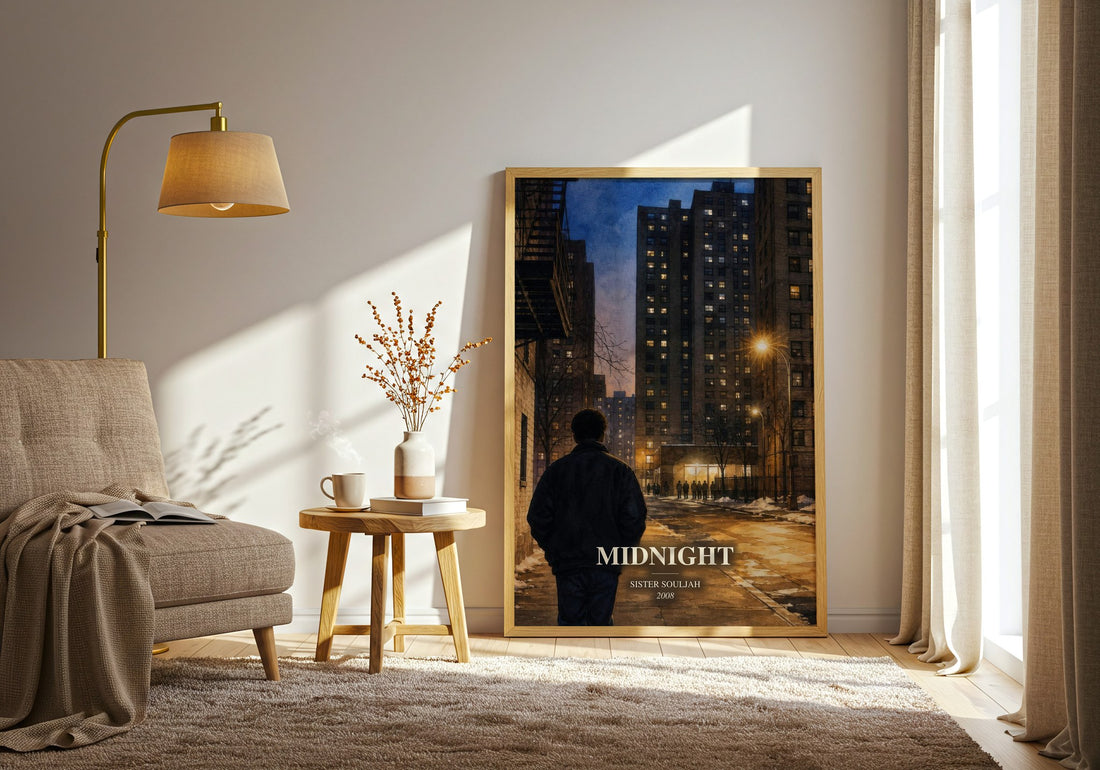 Midnight watercolour print in frame leaning in hallway – contemporary fiction wall art