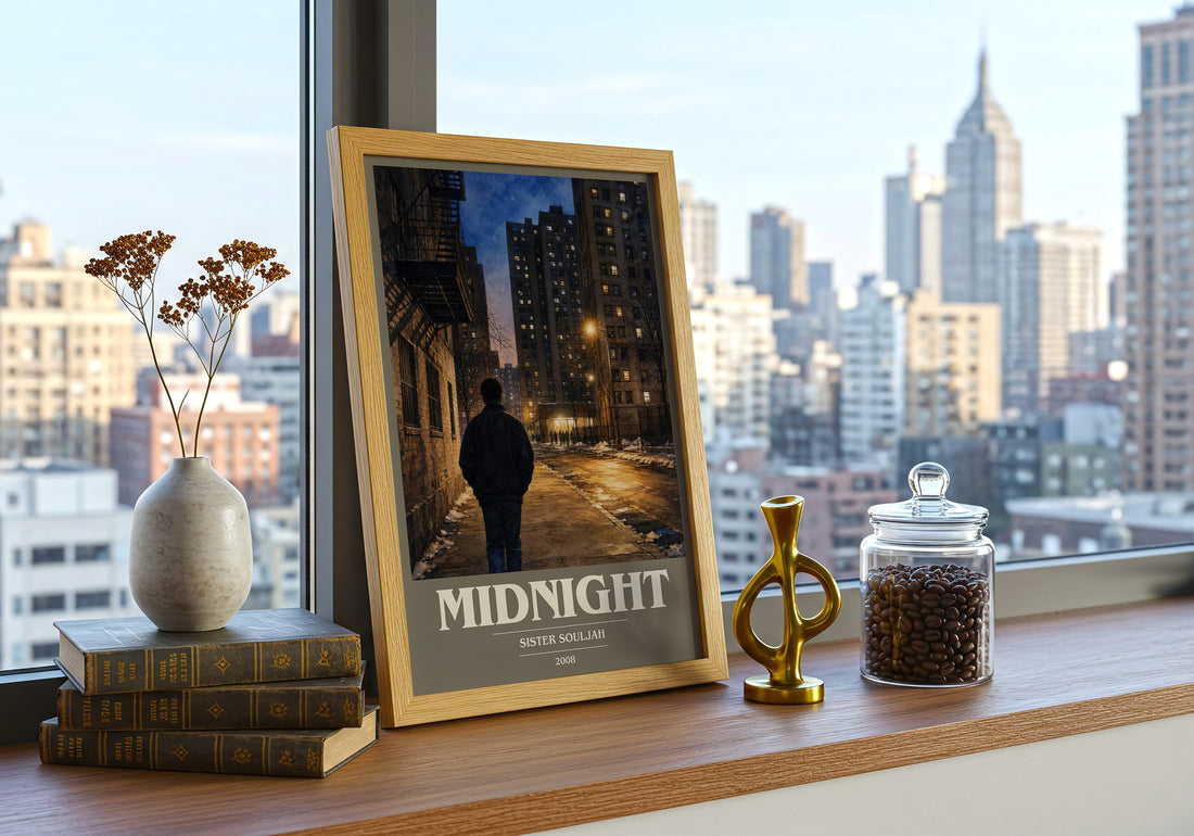 Midnight book cover print framed by window – literary home decor