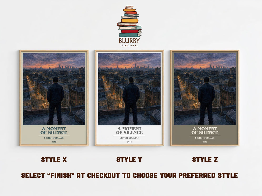 A moment of silence book cover print in frame leaning in hallway – contemporary fiction wall art (mockup)