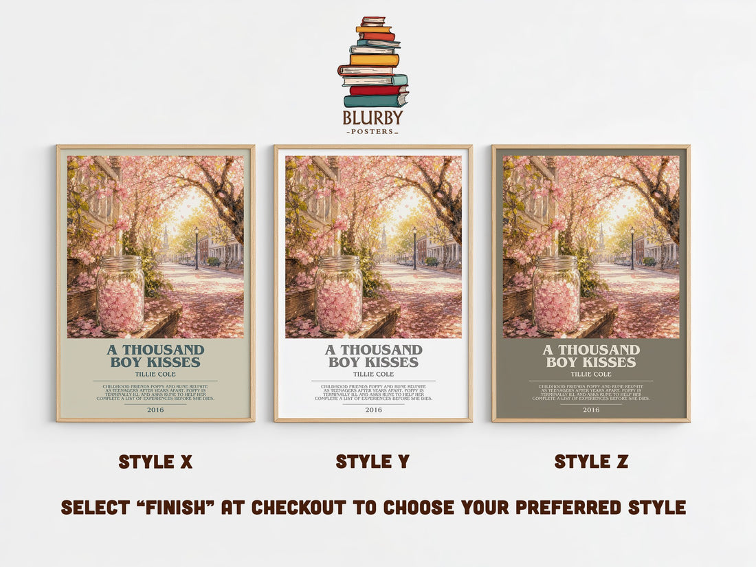 A Thousand Boy Kisses bookish print in frame leaning in hallway – contemporary fiction wall art (mockup)