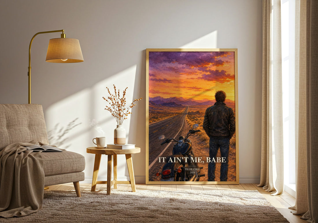 It Ain't Me, Babe watercolour print in frame leaning in hallway – contemporary fiction wall art