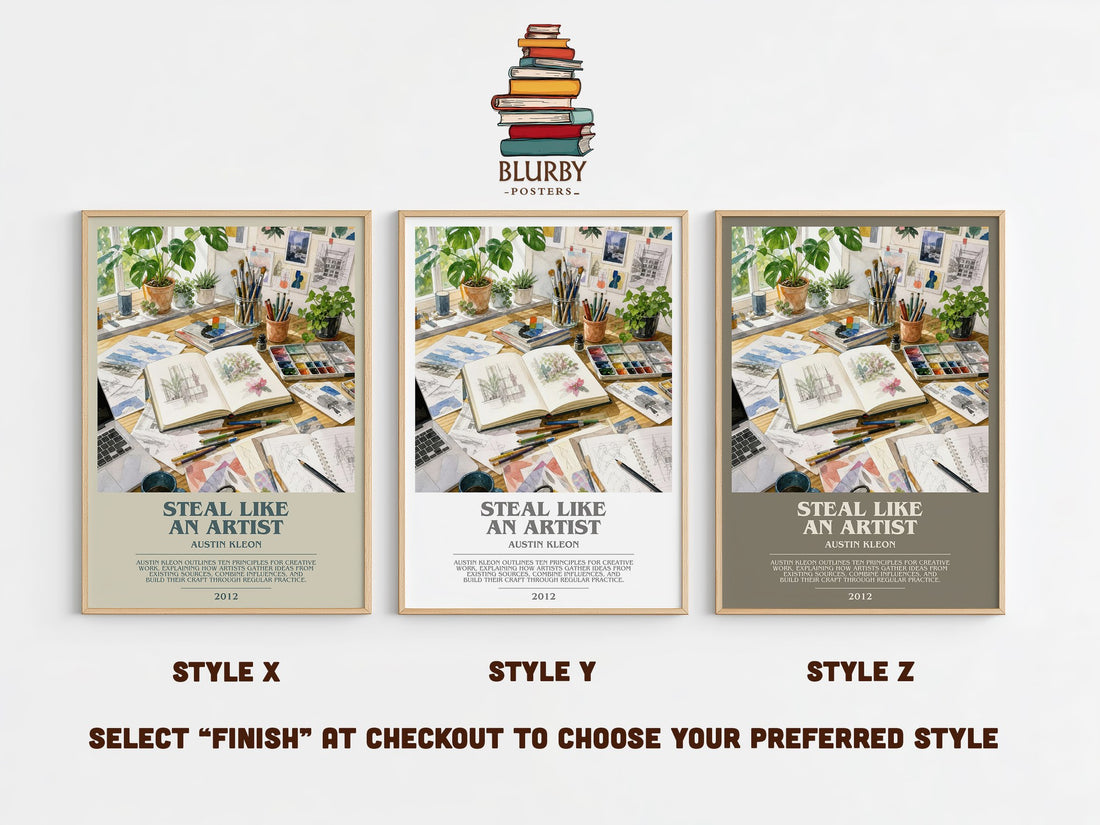 Steal like an artist bookish print in frame leaning in hallway – non fiction wall art (mockup)