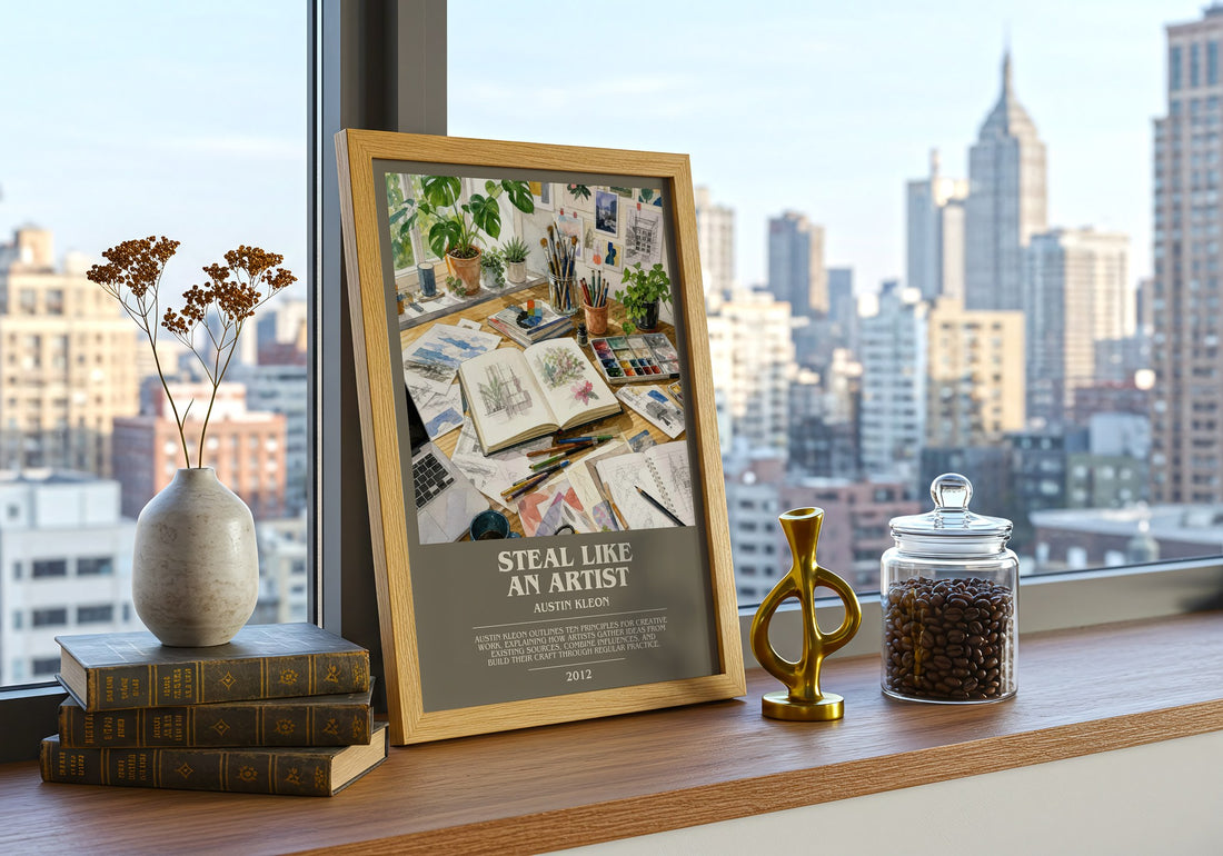 Steal like an artist bookish print framed by window – literary home decor