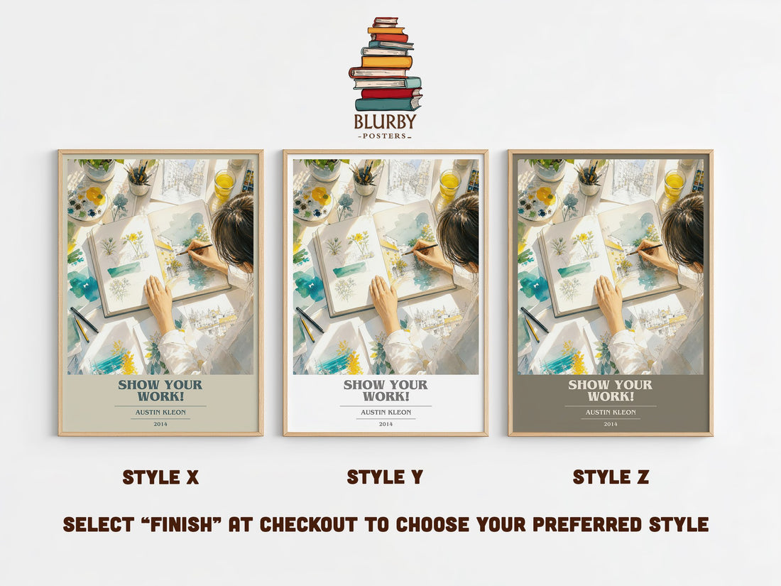 Show Your Work! book cover print in frame leaning in hallway – non fiction wall art (mockup)