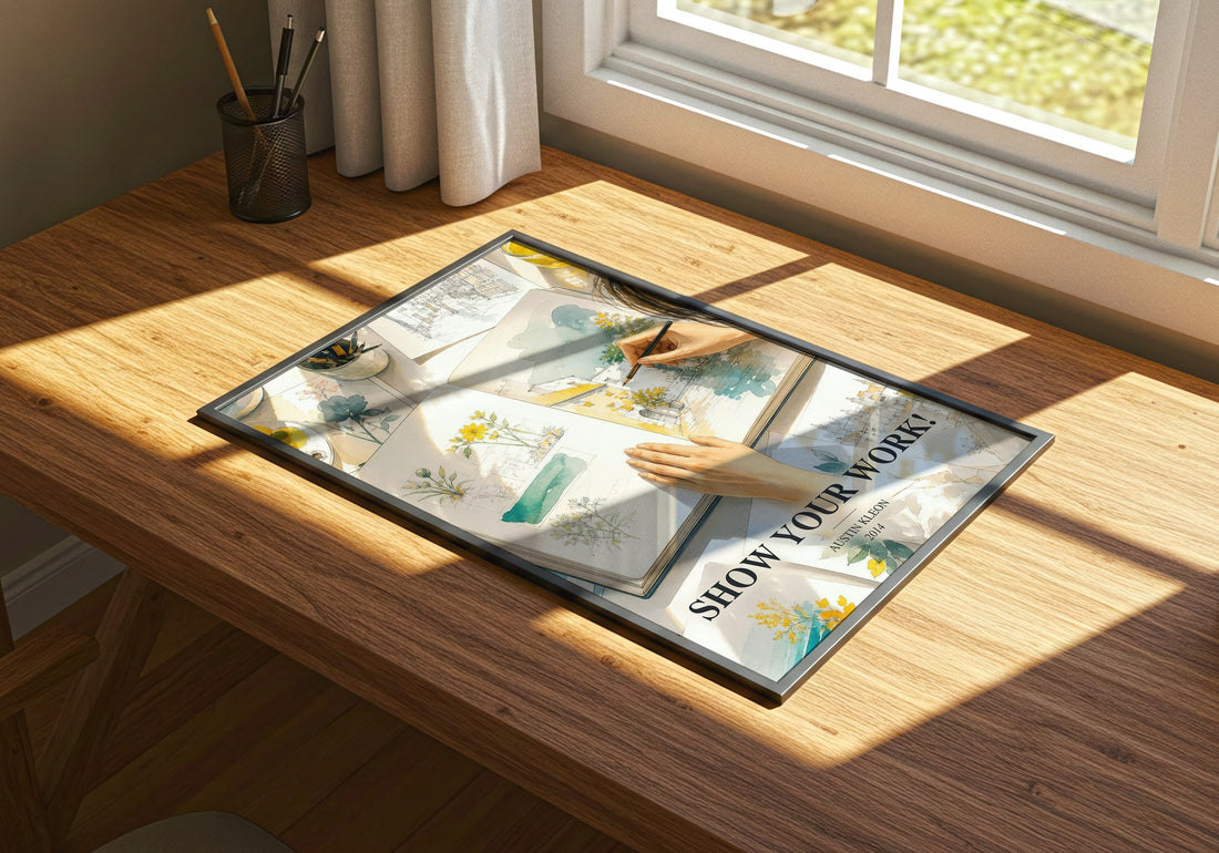 Show Your Work! watercolour book poster framed on wall – non fiction wall art