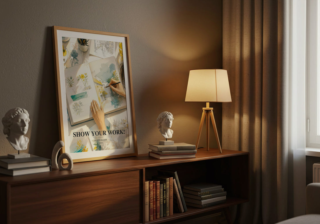 Show Your Work! watercolour print on bookshelf – Austin Kleon fan gift