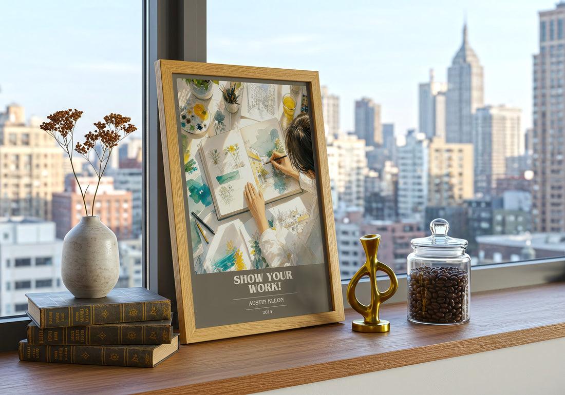 Show Your Work! book cover print framed by window – literary home decor