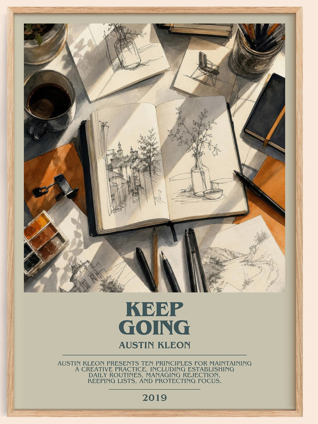 Keep Going bookish book poster by Austin Kleon – framed literary art print