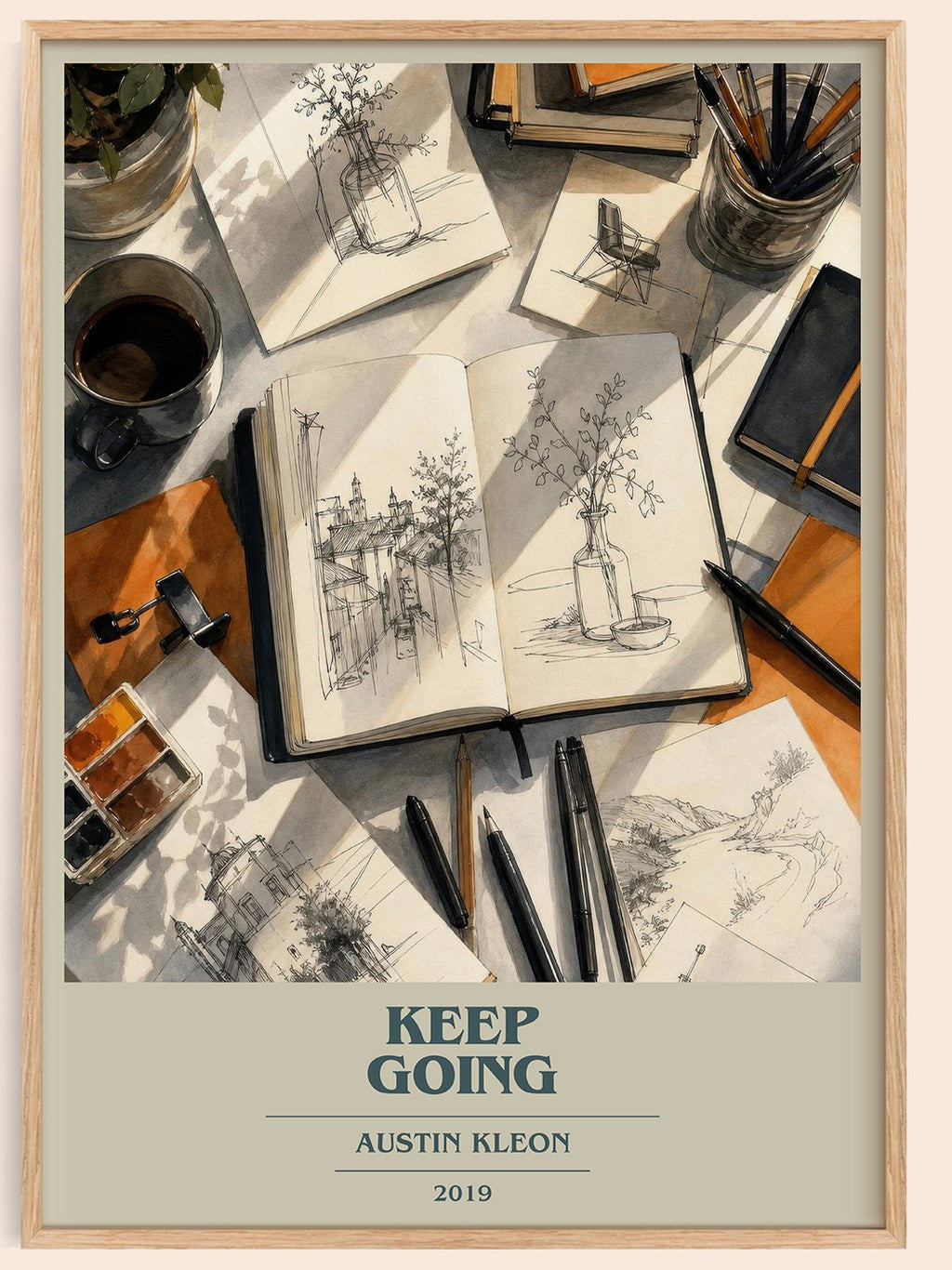 Keep Going book cover book poster by Austin Kleon – framed literary art print