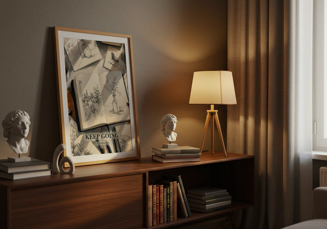Keep Going watercolour print on bookshelf – Austin Kleon fan gift