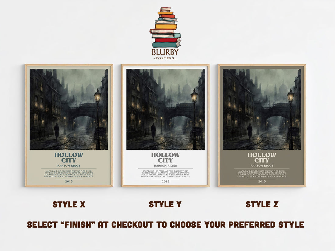 Hollow City bookish print in frame leaning in hallway – fantasy wall art (mockup)