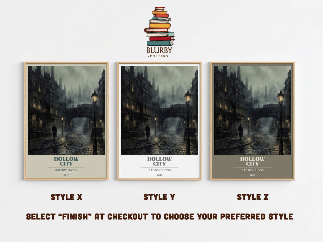 Hollow City book cover print in frame leaning in hallway – fantasy wall art (mockup)