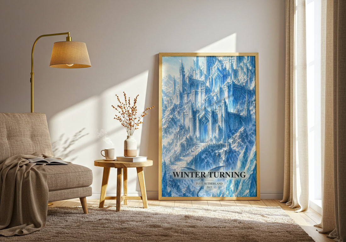 Winter Turning watercolour print in frame leaning in hallway – fantasy wall art
