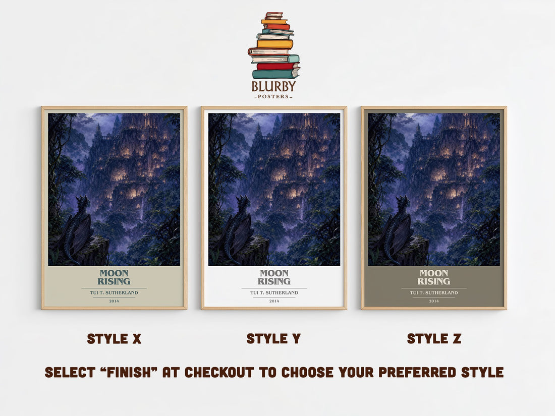 Moon Rising book cover print in frame leaning in hallway – fantasy wall art (mockup)