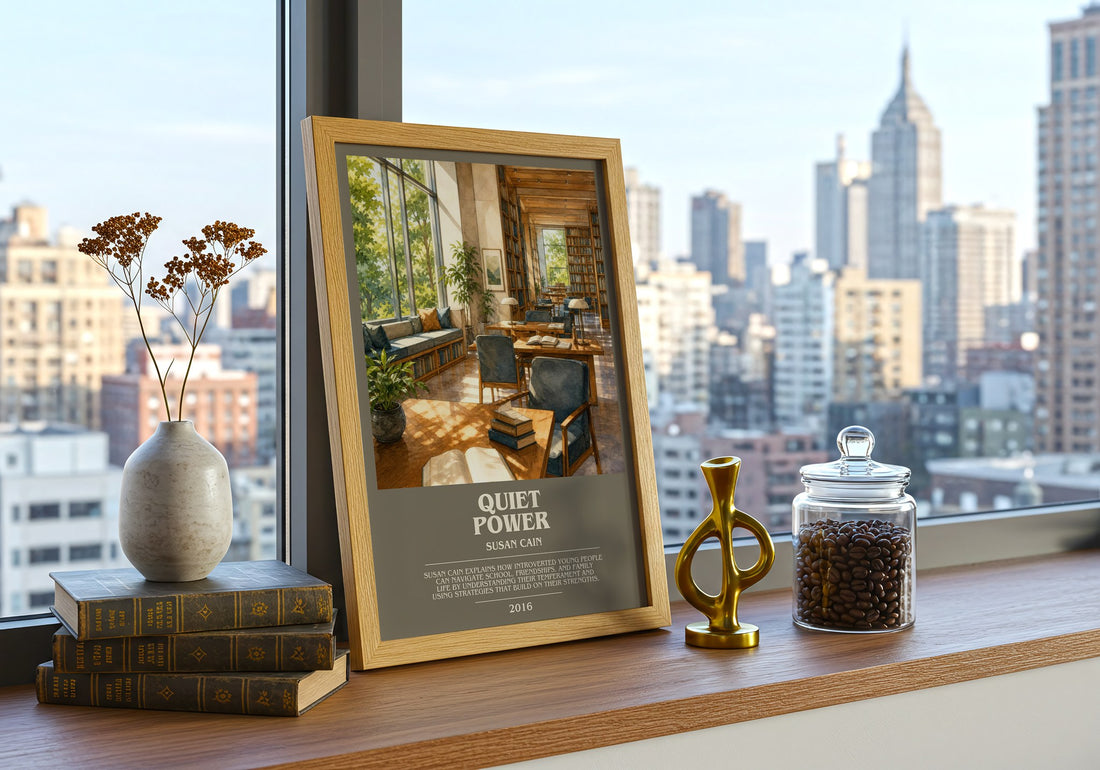 Quiet power bookish print framed by window – literary home decor