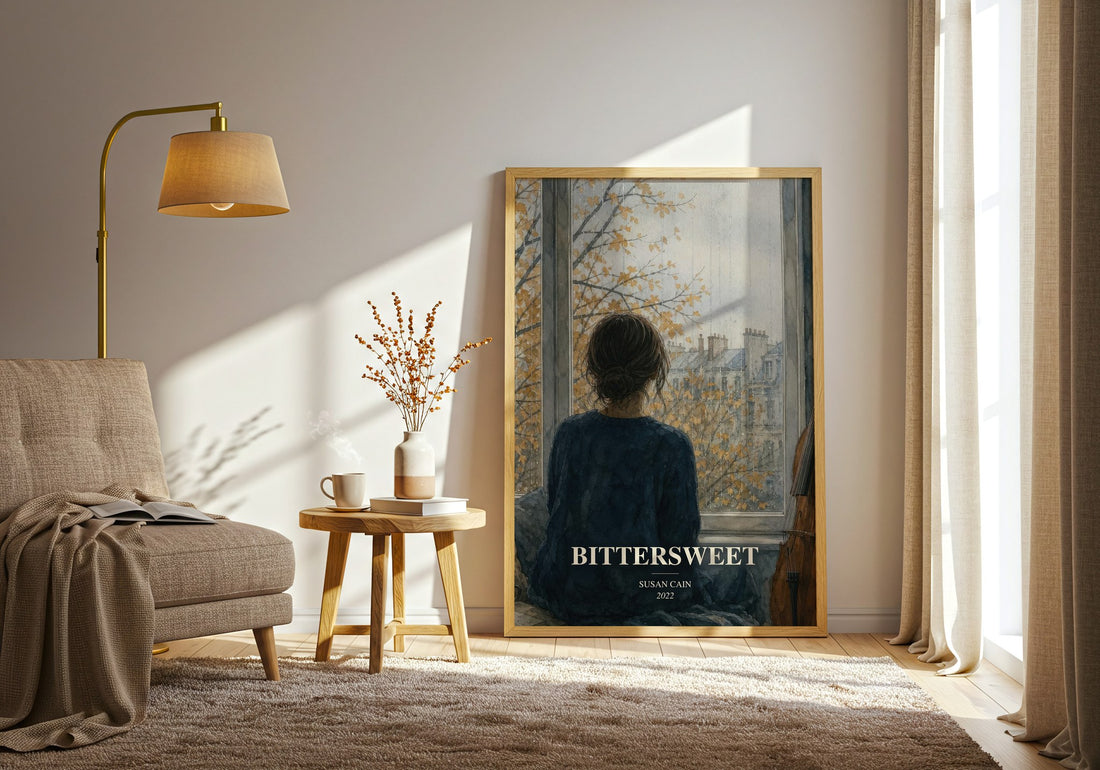 Bittersweet watercolour print in frame leaning in hallway – non fiction wall art