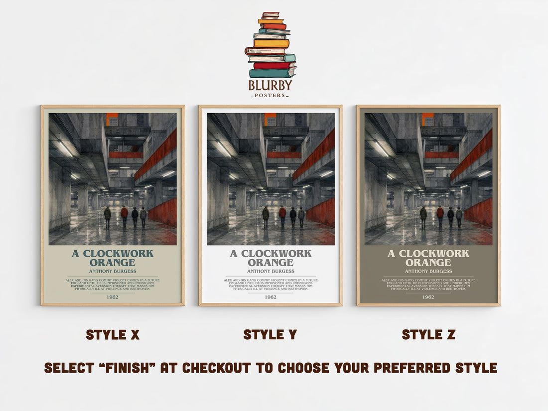 A Clockwork Orange bookish print in frame leaning in hallway – dystopian wall art (mockup)