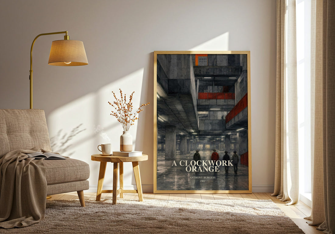 A Clockwork Orange watercolour print in frame leaning in hallway – dystopian wall art