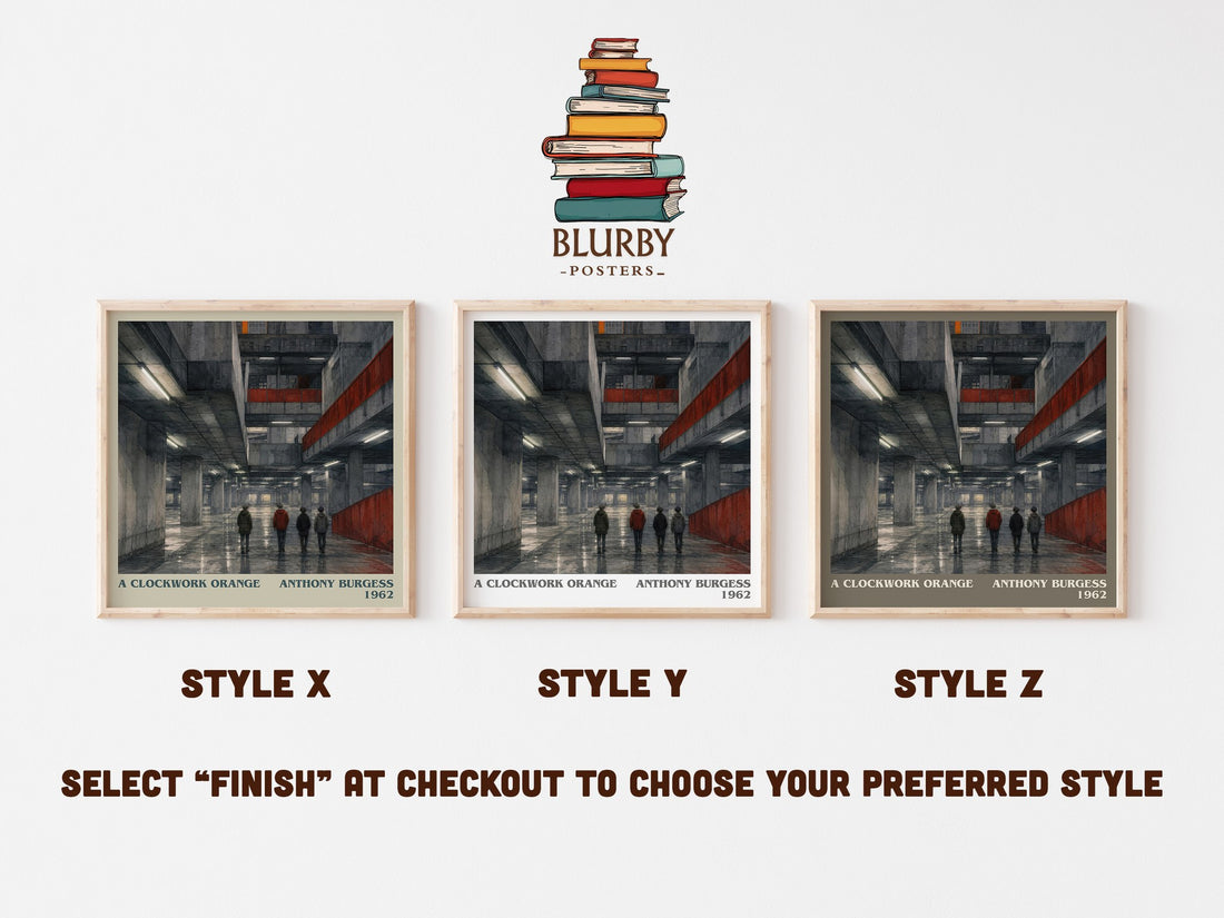 A Clockwork Orange literary print in frame leaning in hallway – dystopian wall art (mockup)