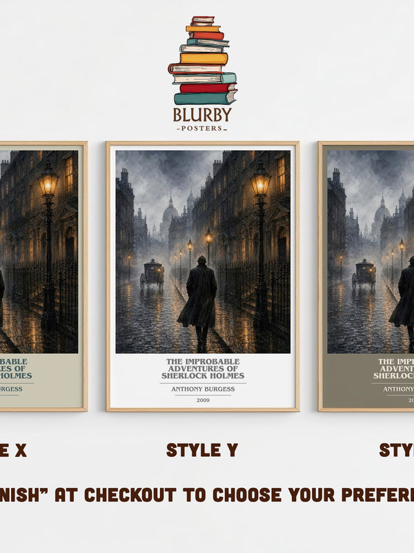 The Improbable Adventures of Sherlock Holmes book cover print in frame leaning in hallway – mystery wall art
