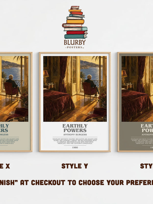 Earthly Powers bookish print in frame leaning in hallway – literary fiction wall art