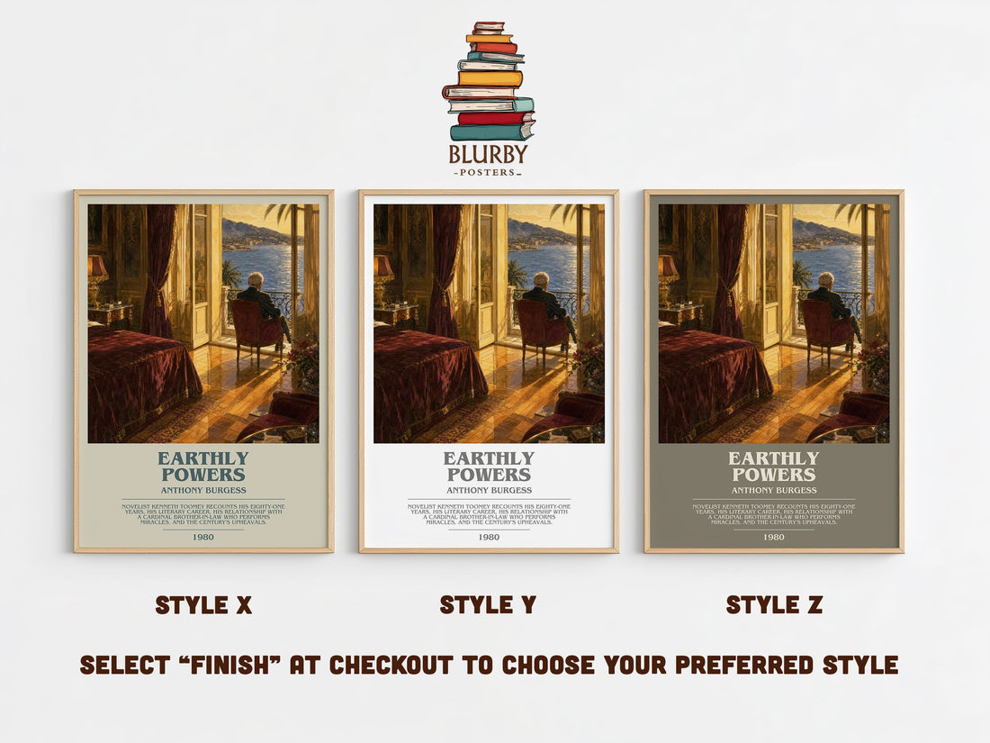 Earthly Powers bookish print in frame leaning in hallway – literary fiction wall art (mockup)