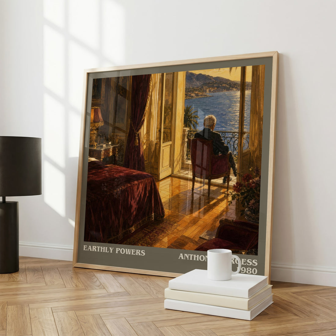 Earthly Powers literary print framed by window – literary home decor