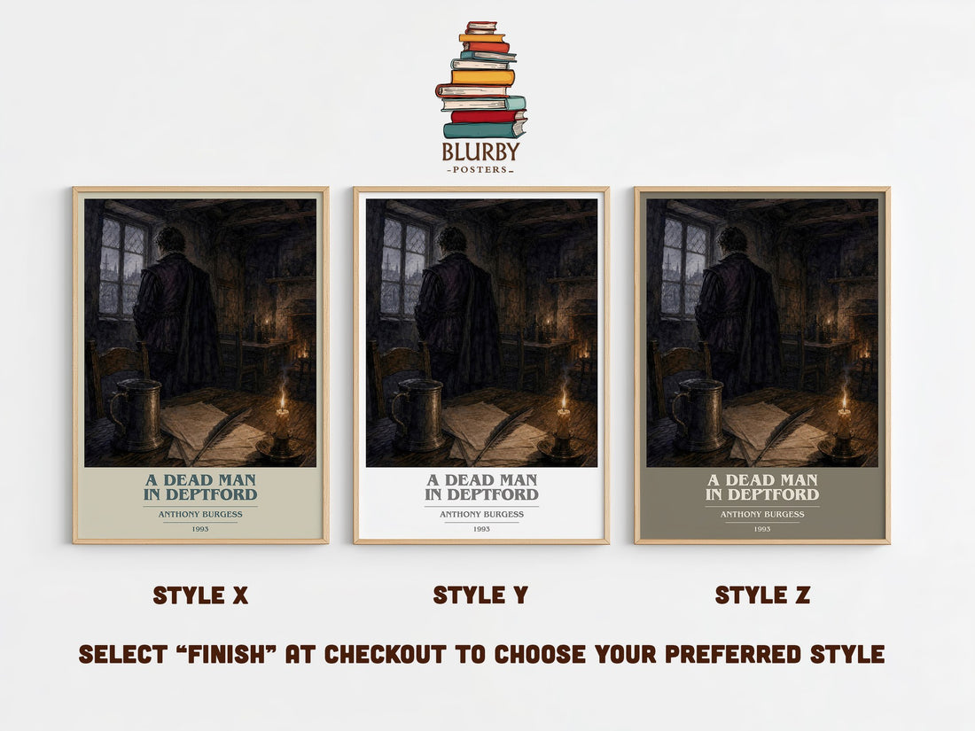 A Dead Man in Deptford book cover print in frame leaning in hallway – historical fiction wall art (mockup)