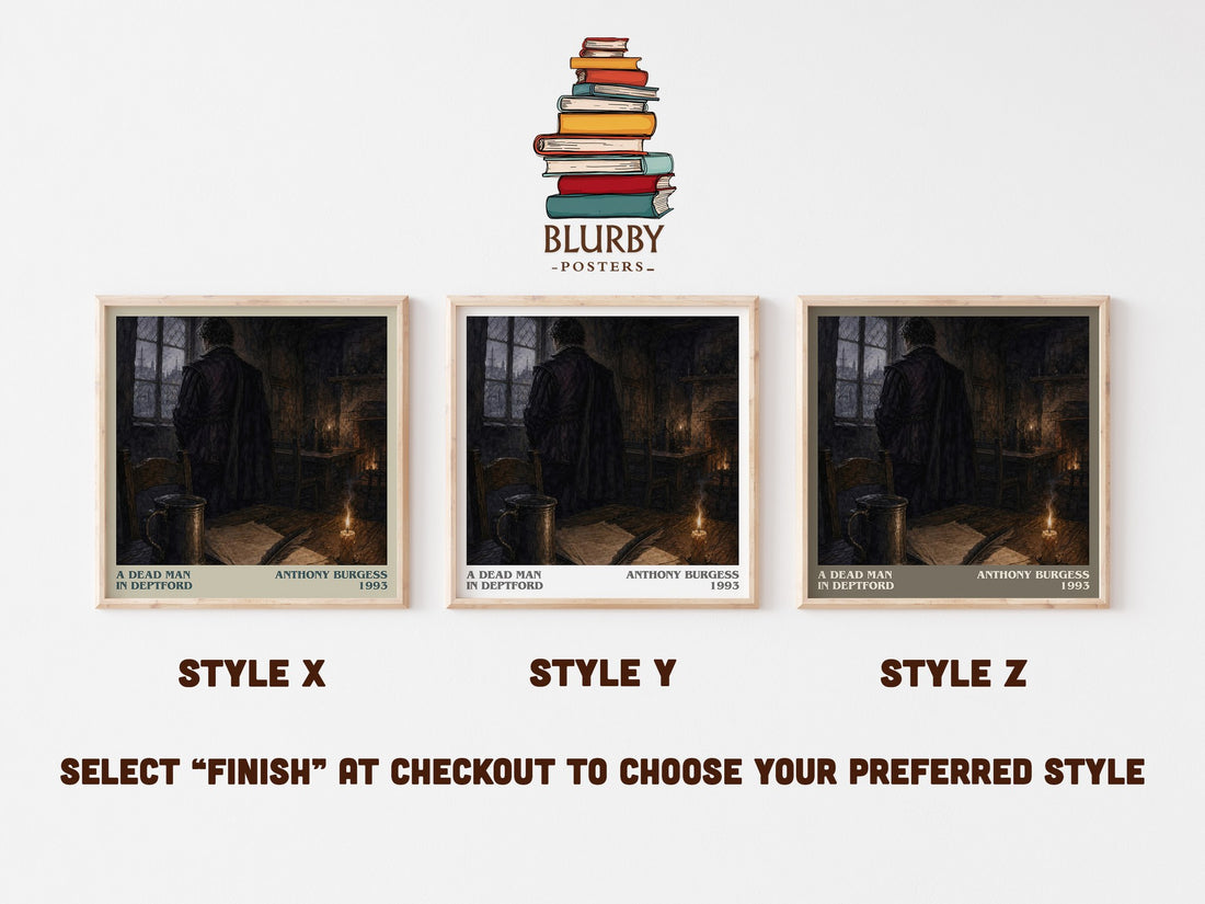 A Dead Man in Deptford literary print in frame leaning in hallway – historical fiction wall art (mockup)