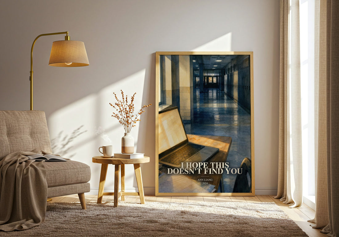 I Hope This Doesn't Find You watercolour print in frame leaning in hallway – young adult wall art