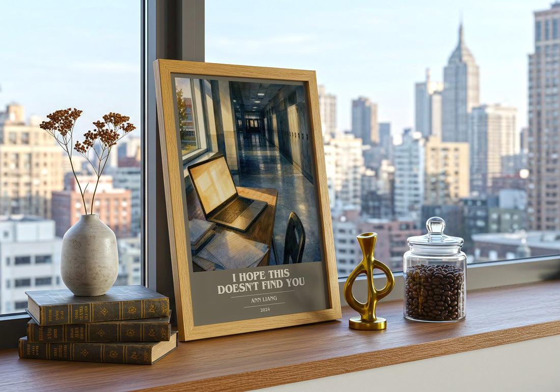 I Hope This Doesn't Find You book cover print framed by window – literary home decor