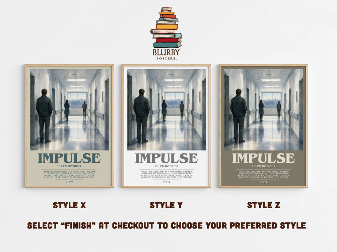 Impulse bookish print in frame leaning in hallway – young adult wall art (mockup)