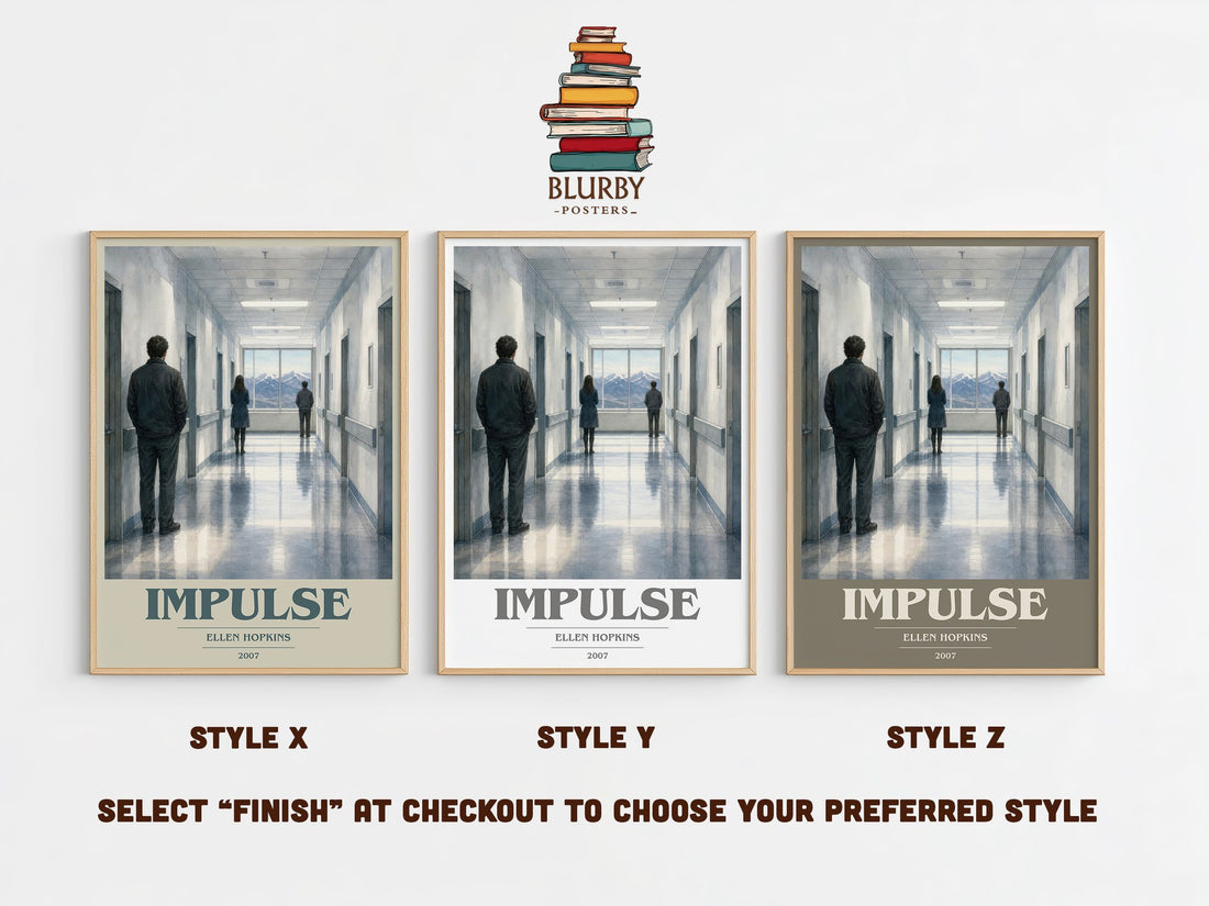 Impulse book cover print in frame leaning in hallway – young adult wall art (mockup)