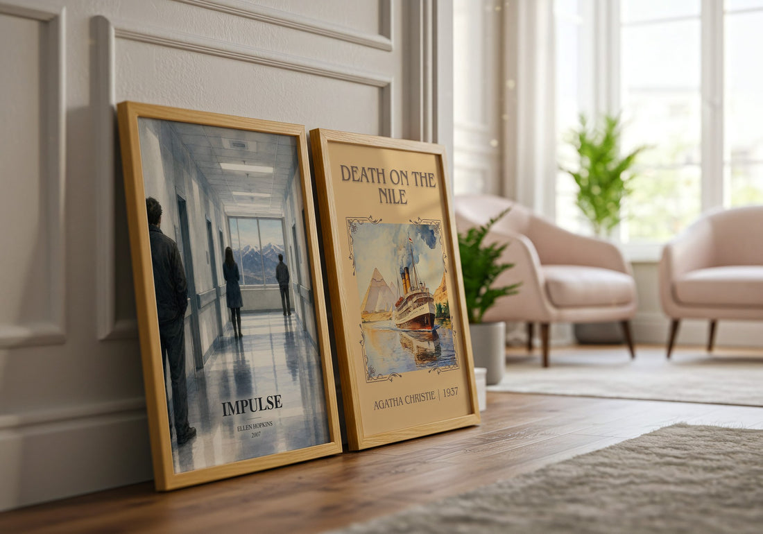 Impulse watercolour print framed by window – literary home decor