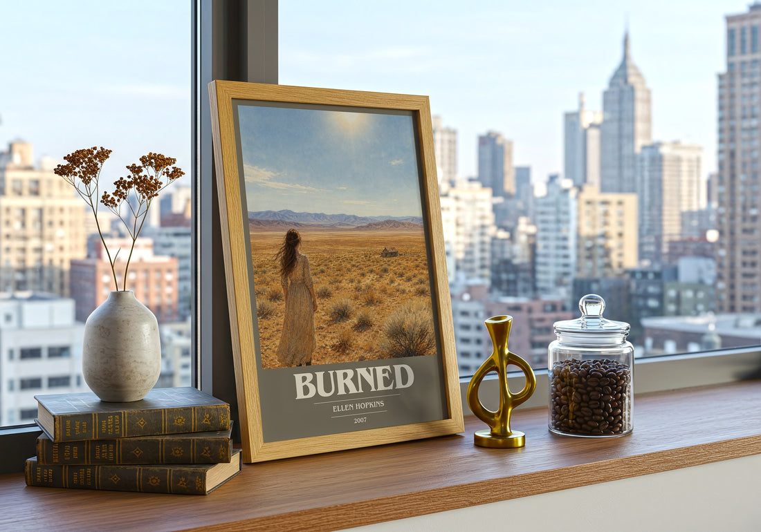 Burned book cover print framed by window – literary home decor
