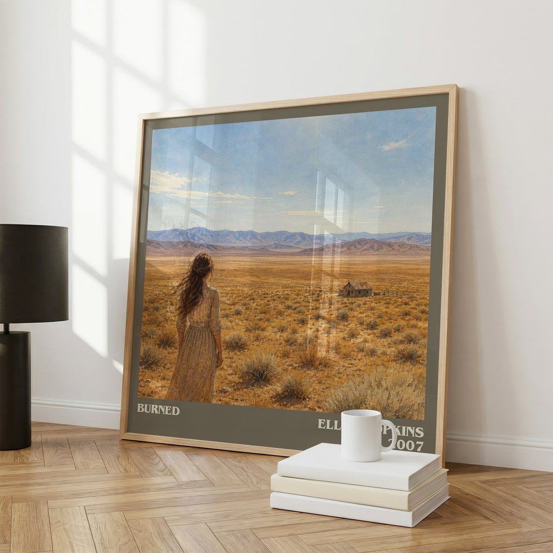 Burned literary print framed by window – literary home decor