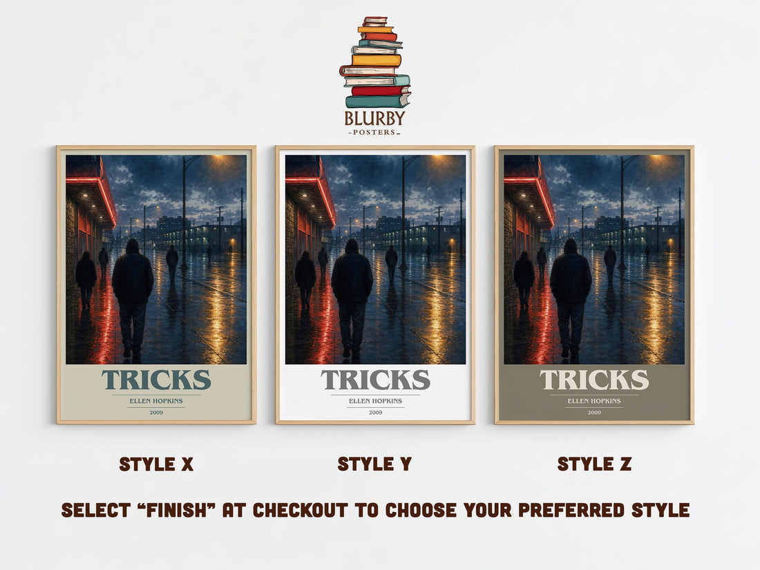 Tricks book cover print in frame leaning in hallway – young adult wall art (mockup)