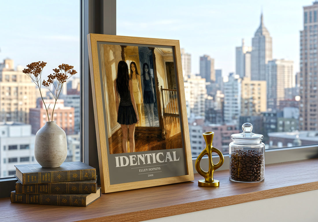 Identical book cover print framed by window – literary home decor
