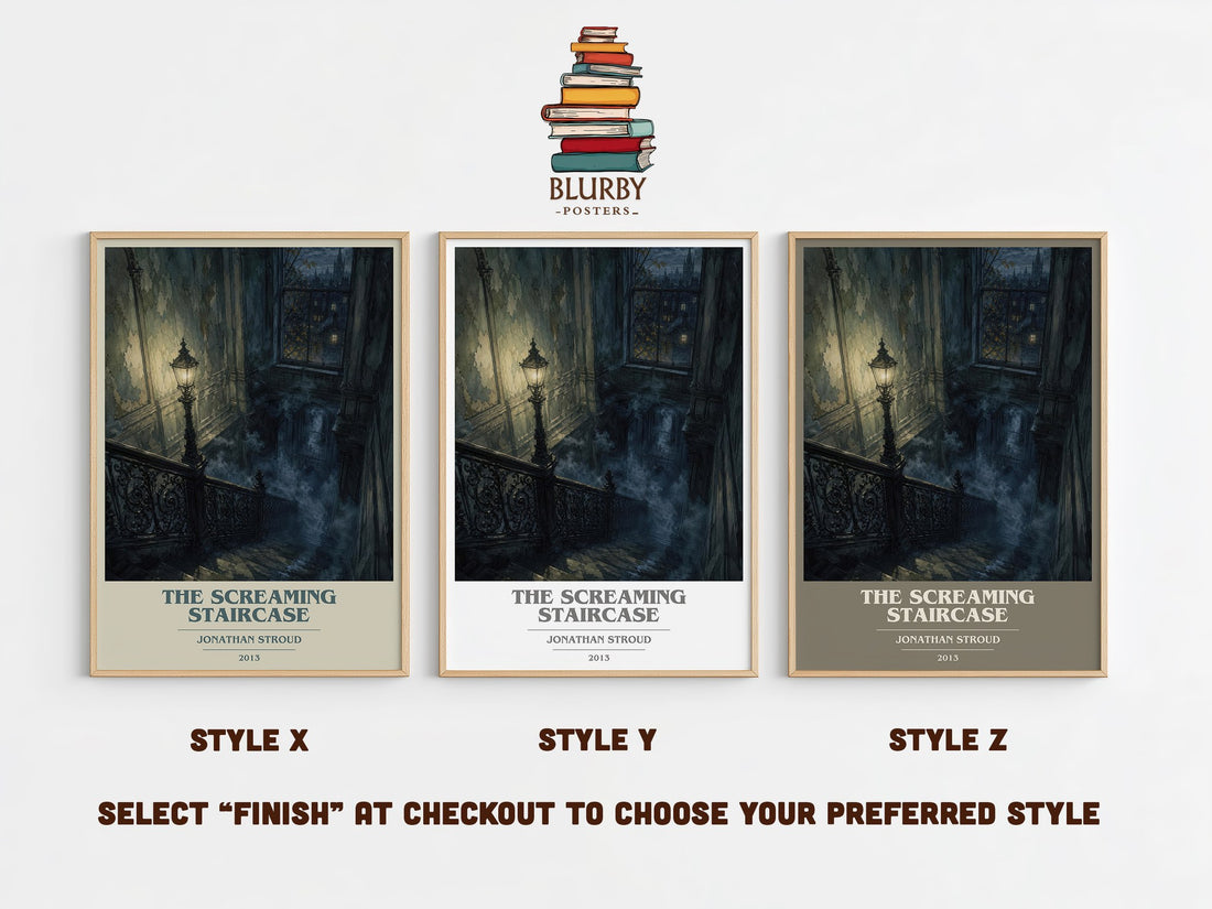 The Screaming Staircase book cover print in frame leaning in hallway – young adult wall art (mockup)