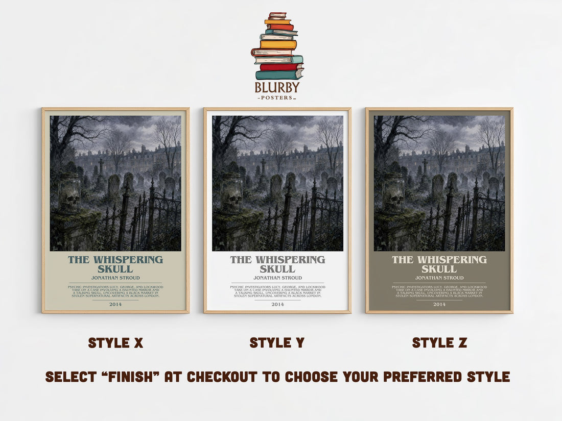 The Whispering Skull bookish print in frame leaning in hallway – fantasy wall art (mockup)
