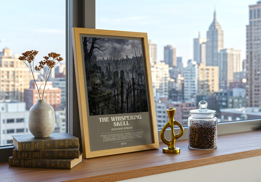 The Whispering Skull bookish print framed by window – literary home decor