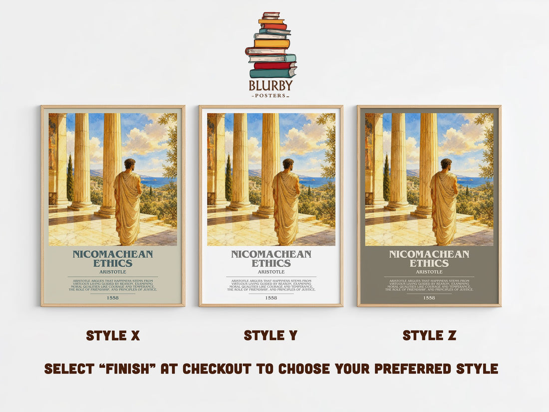 Nicomachean Ethics bookish print in frame leaning in hallway – philosophy wall art (mockup)