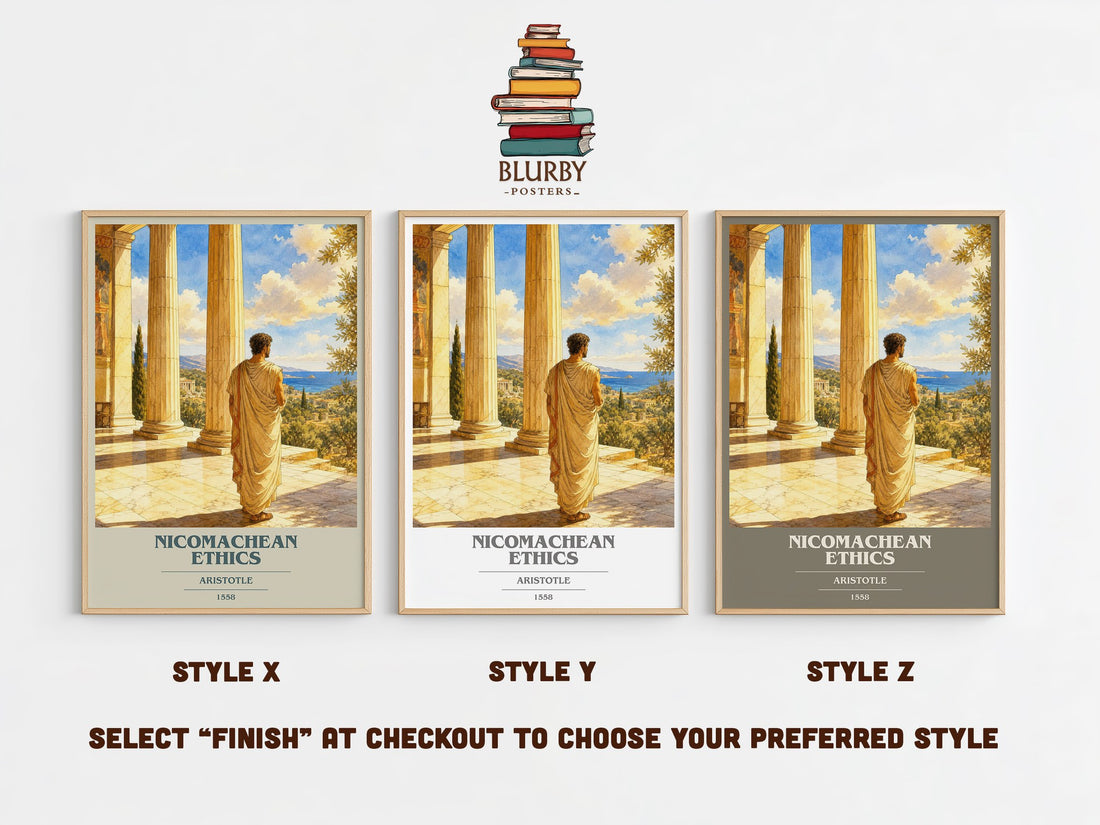 Nicomachean Ethics book cover print in frame leaning in hallway – philosophy wall art (mockup)