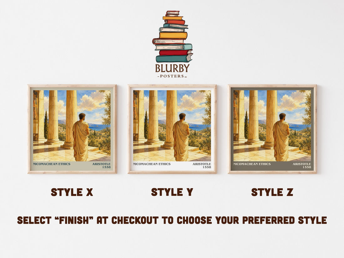 Nicomachean Ethics literary print in frame leaning in hallway – philosophy wall art (mockup)